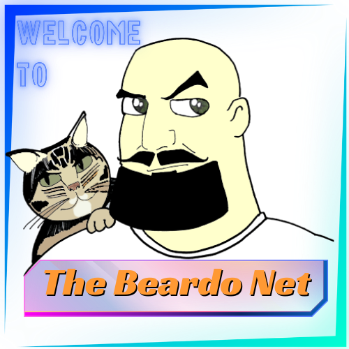 The Beardo net logo. Cartoon drawing of a man with a cat on his shoulder